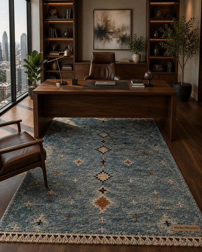 Dusty Blue Hand-Knotted Wool Rug | Tribal Diamond Boho Shag Carpet