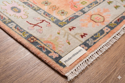 ModernWeavers Hand-Knotted Wool Area Rug | 8x10 Peach & Pastel Blue Tribal Oushak Style Carpet | Natural Wool Artisan Rug for Living Room