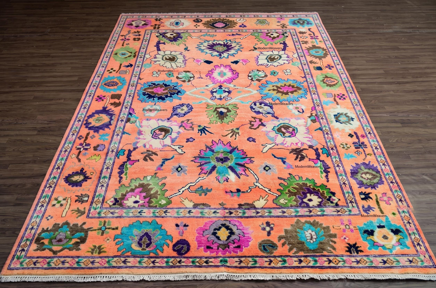 Hand-Knotted Wool Rug – Oushak Style Orange Floral Carpet, Artisan Area Rug