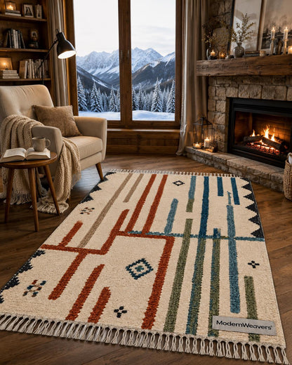 Hand Knotted Moroccan Rug | Abstract Linear Tribal Carpet, Boho Teal Rust Fringed Floor Art