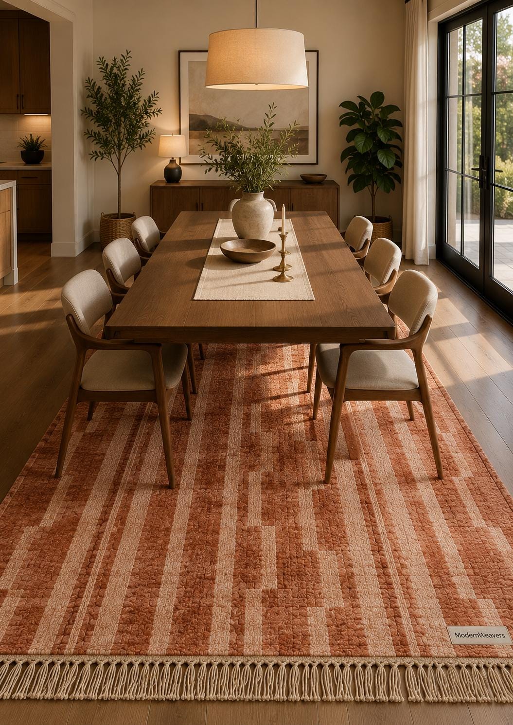 Terracotta Abstract Geometric Wool Rug | Rust Beige Boho Shag Carpet
