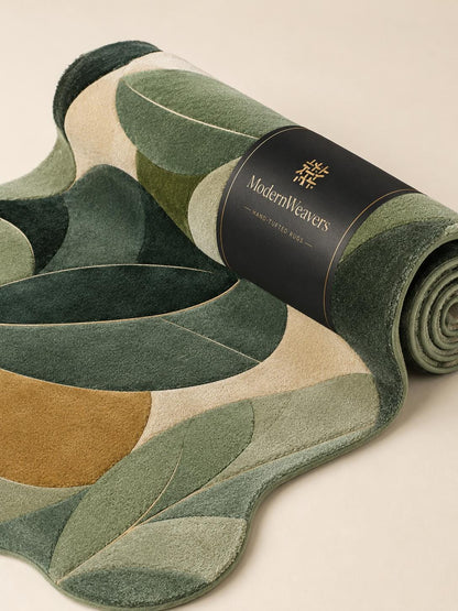 Botanical Leaves Hand Tufted Rug | Modern Abstract Foliage Carpet | Green & Earth Tone Organic Shape Area Rug | Luxury Leaf Pattern Decor
