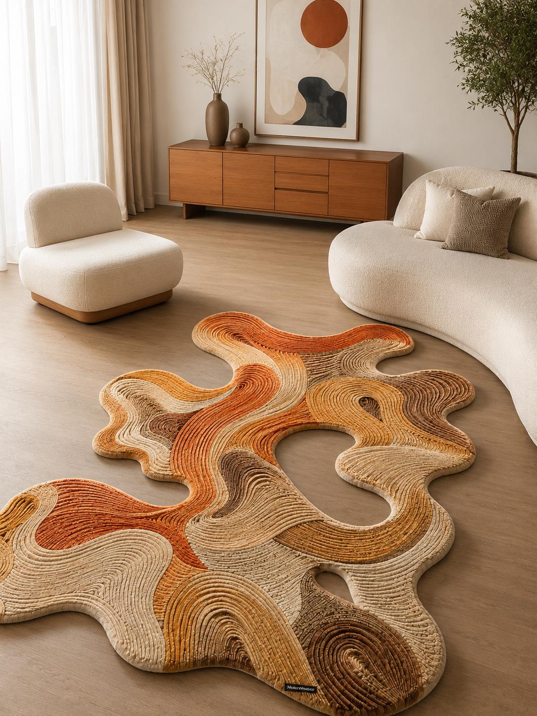 Abstract Swirl Hand Tufted Rug | Organic Wavy Textural Carpet | Modern Burnt Orange & Neutral Area Rug | Sculptural Biophilic Floor Art