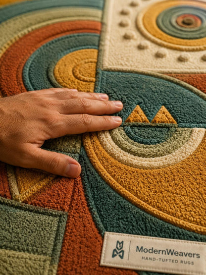 Celestial Boho Hand Tufted Rug | Tribal Geometric Statement Carpet | Earthy Sun & Moon Abstract Art | Unique Organic Shape Floor Decor