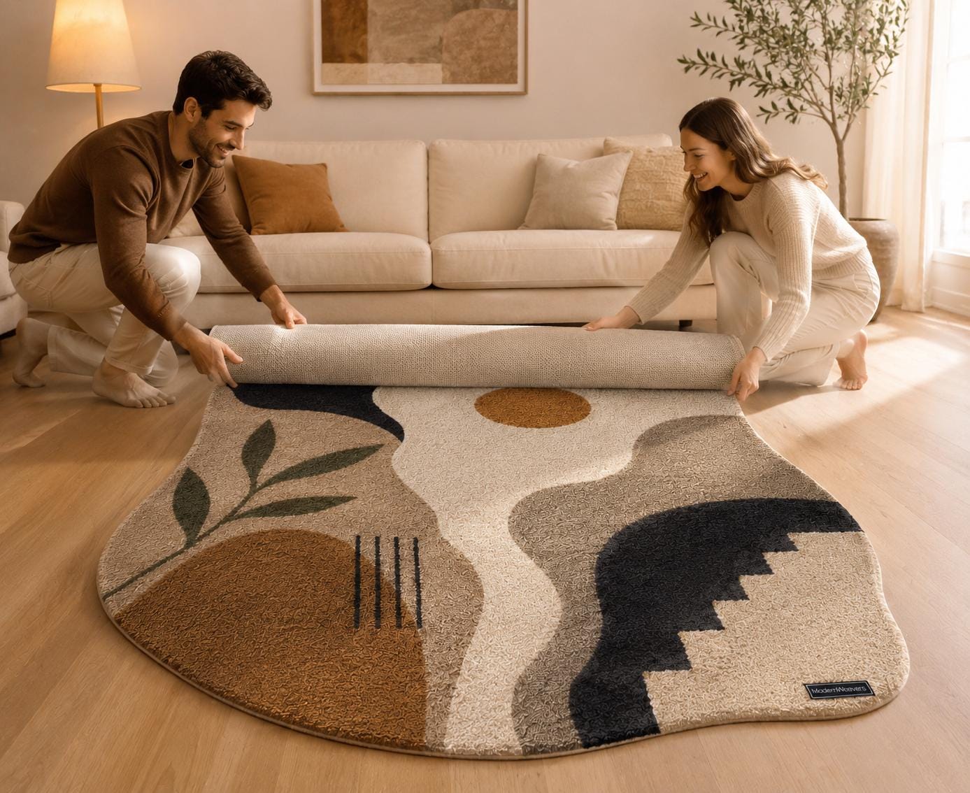 Abstract Irregular Shape Tufted Rug | Wabi Sabi Organic Edge Carpet | Neutral Earth Tone Floor Art | Boho Geometric Sun & Botanical Decor