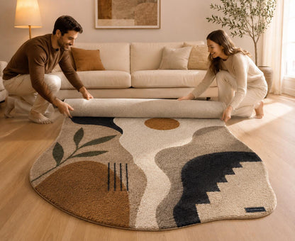 Abstract Irregular Shape Tufted Rug | Wabi Sabi Organic Edge Carpet | Neutral Earth Tone Floor Art | Boho Geometric Sun & Botanical Decor