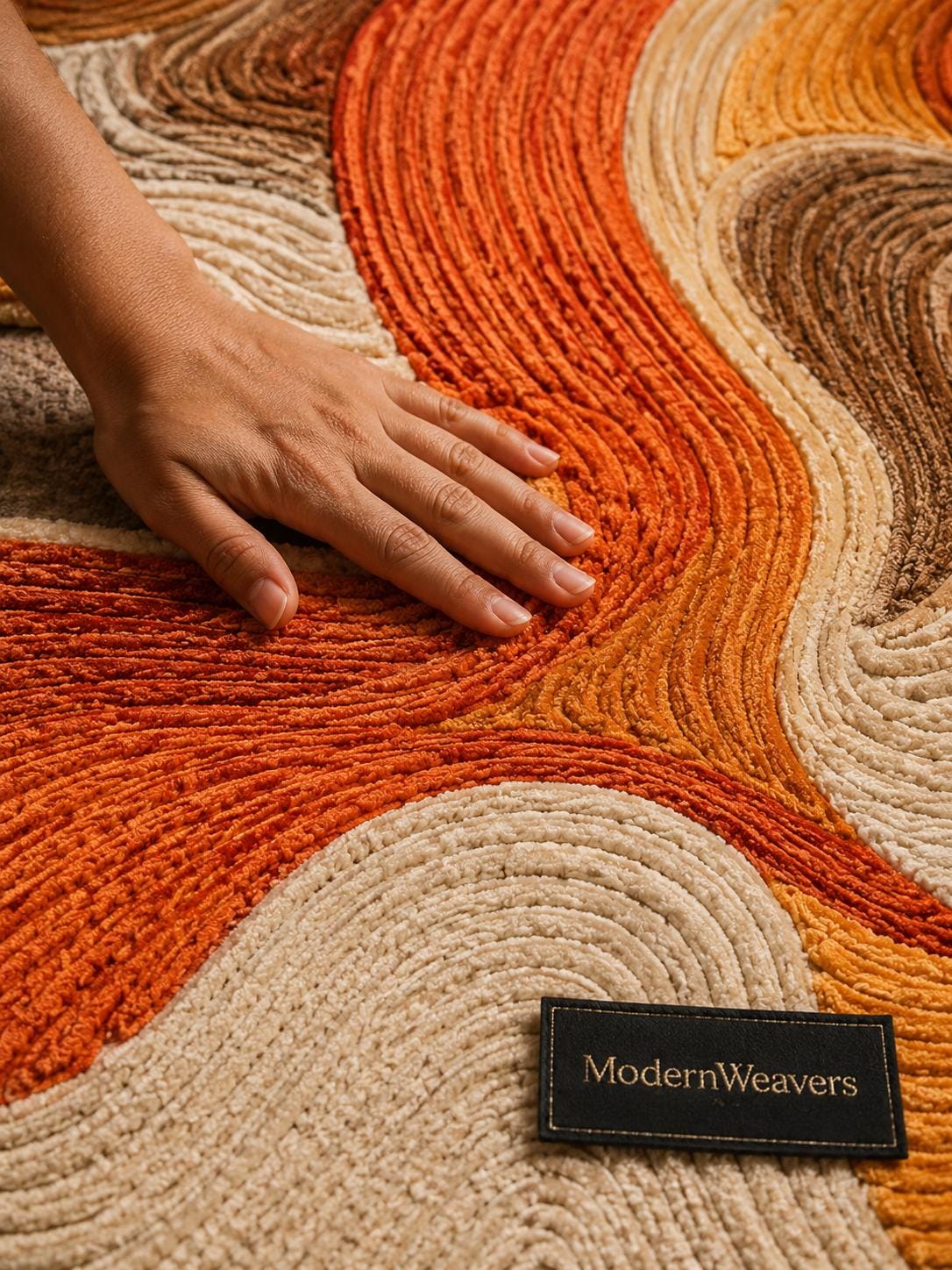 Abstract Swirl Hand Tufted Rug | Organic Wavy Textural Carpet | Modern Burnt Orange & Neutral Area Rug | Sculptural Biophilic Floor Art