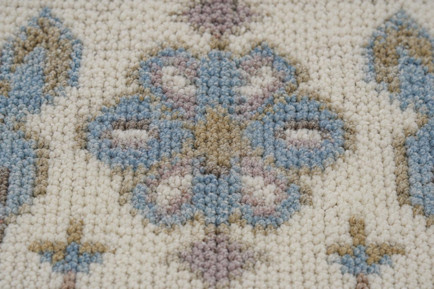 Hand-Knotted Oushak Area Rug | Cream, Light Blue, and Taupe Geometric Pattern | ModernWeavers Wool Carpet for Living Room or Bedroom