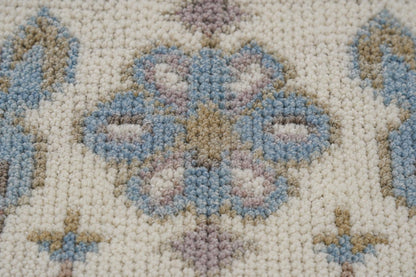 Hand-Knotted Oushak Area Rug | Cream, Light Blue, and Taupe Geometric Pattern | ModernWeavers Wool Carpet for Living Room or Bedroom