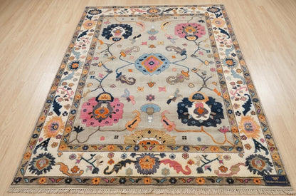 Hand-Knotted Oushak Rug | Light Grey, Pink & Navy Floral Area Rug | Modern Traditional Wool Rug for Living Room or Bedroom