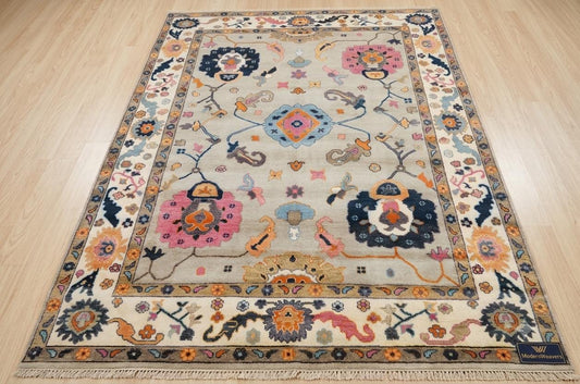 Hand-Knotted Oushak Rug | Light Grey, Pink & Navy Floral Area Rug | Modern Traditional Wool Rug for Living Room or Bedroom