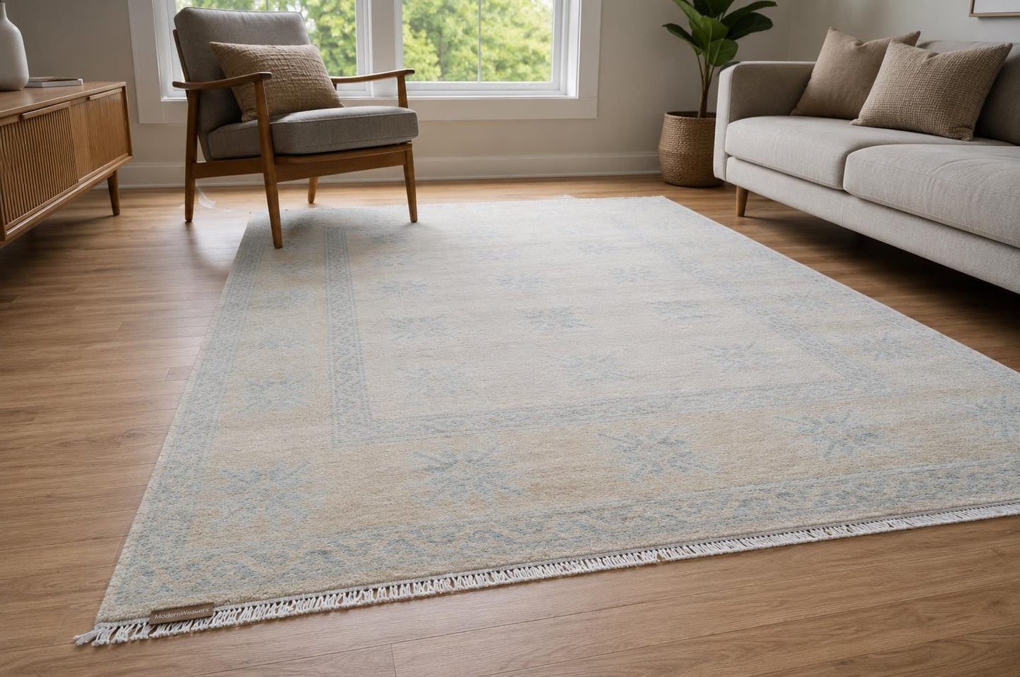 8x10 Hand-Knotted Transitional Area Rug | Ivory & Soft Blue Geometric Floral Motif