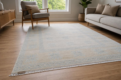 8x10 Hand-Knotted Transitional Area Rug | Ivory & Soft Blue Geometric Floral Motif
