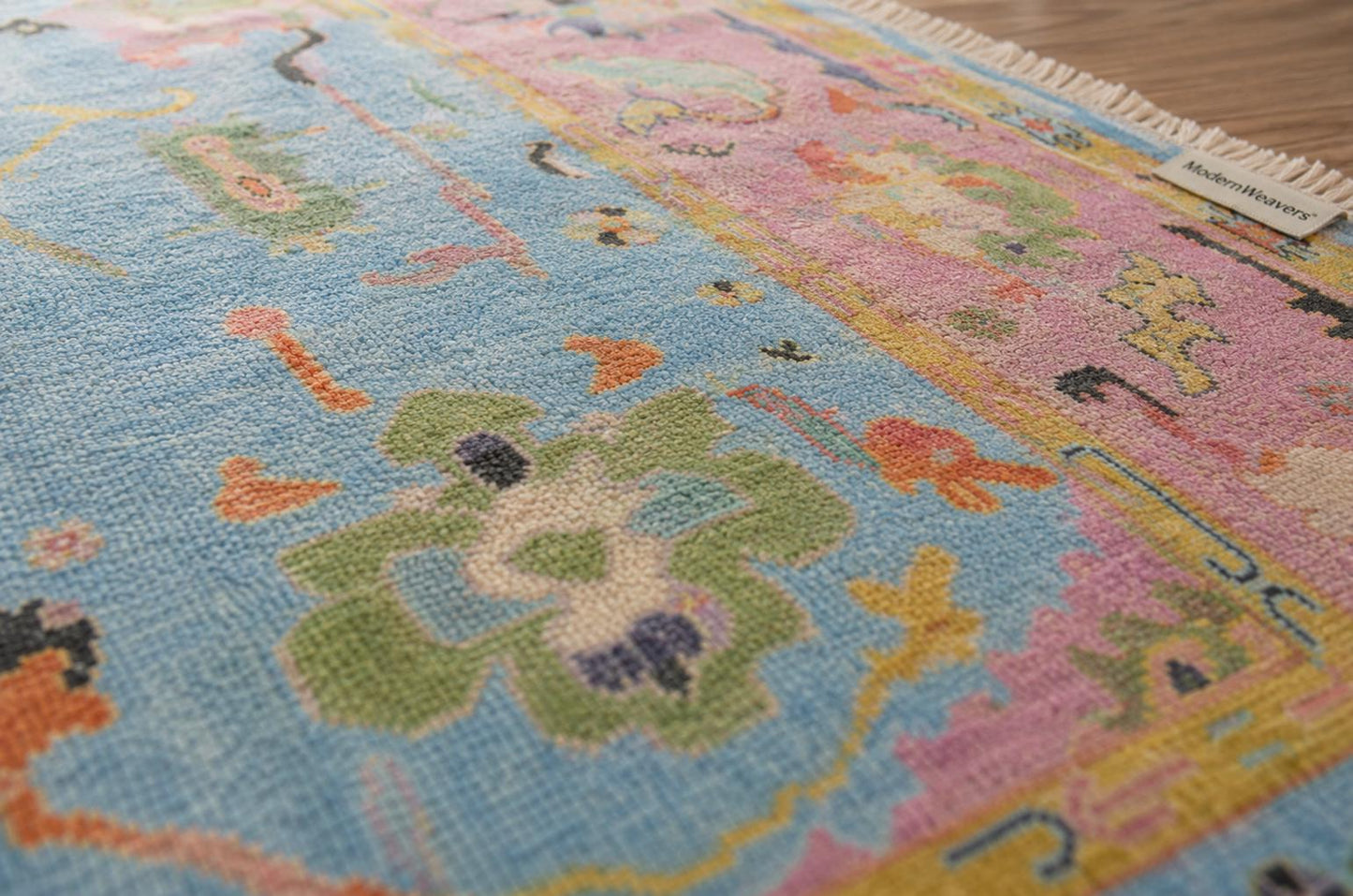 Boho-Chic Hand-Knotted Wool Rug, Pink & Blue Floral Pattern – ModernWeavers Statement Piece for Living Room