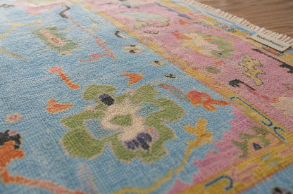 Boho-Chic Hand-Knotted Wool Rug, Pink & Blue Floral Pattern – ModernWeavers Statement Piece for Living Room