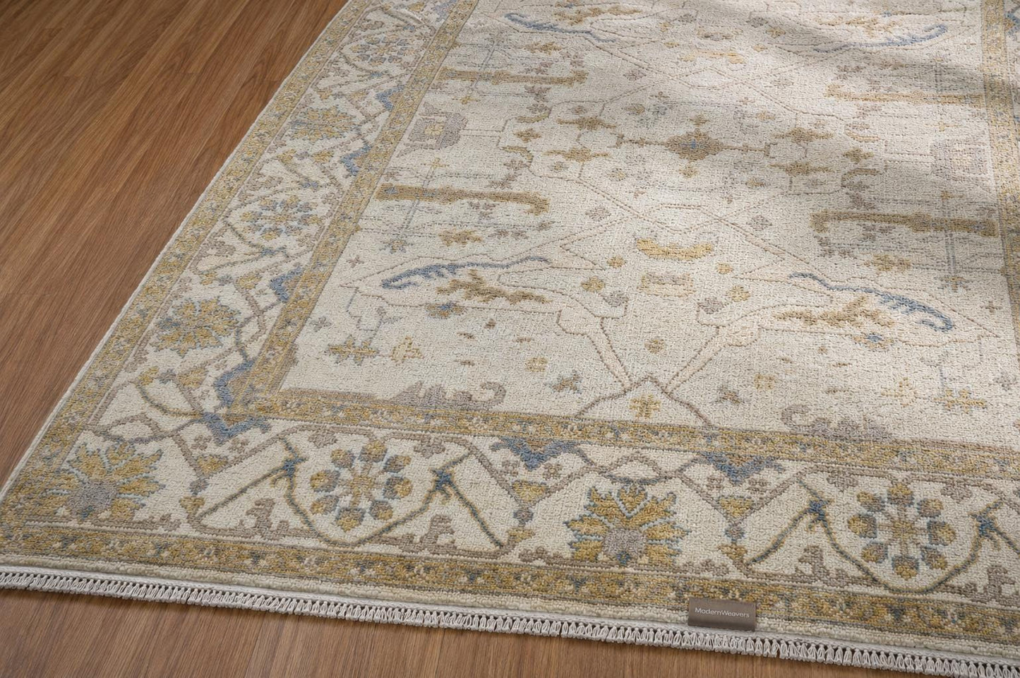 Hand Knotted Oushak Style Area Rug | Cream, Soft Blue, and Muted Gold Geometric Rug | Neutral Modern Farmhouse Wool Rug