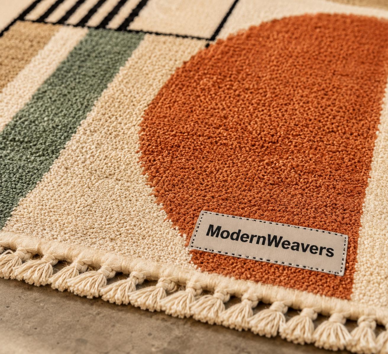 Bauhaus Geometric Moroccan Rug | Terracotta Sage Wool Carpet | Mid Century Modern Area Rug