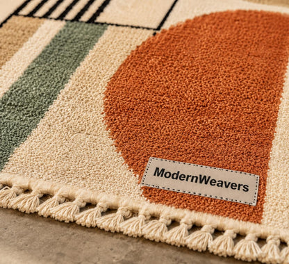 Bauhaus Geometric Moroccan Rug | Terracotta Sage Wool Carpet | Mid Century Modern Area Rug