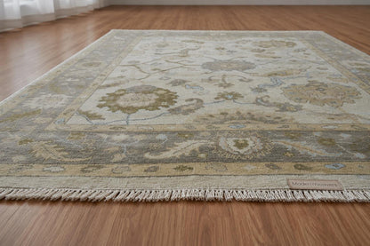 Hand-Knotted Wool Rug | Ivory, Sage Green, Light Blue Floral Oushak Style Area Rug