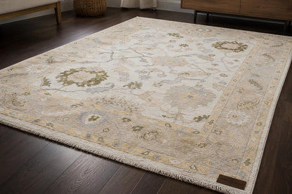 Elegant Hand-Knotted Ivory Area Rug | Soft Floral Vine Motif in Sage Green & Muted Blue | Premium Carpet for Living Room or Bedroom