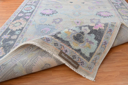 Hand-Knotted Pastel Floral Area Rug | Transitional Oushak Style Carpet | Ivory, Slate Grey, Pink & Blue Wool Rug for Living Room