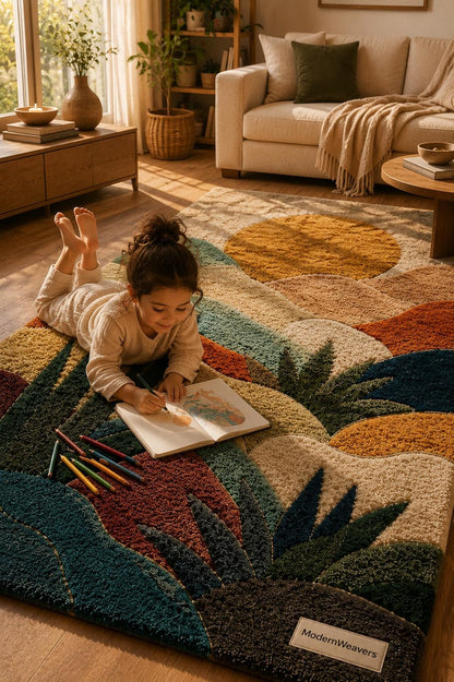 3D Abstract Desert Landscape Rug | Hand-Tufted Sunset Botanical Carpet | Southwestern Boho Decor