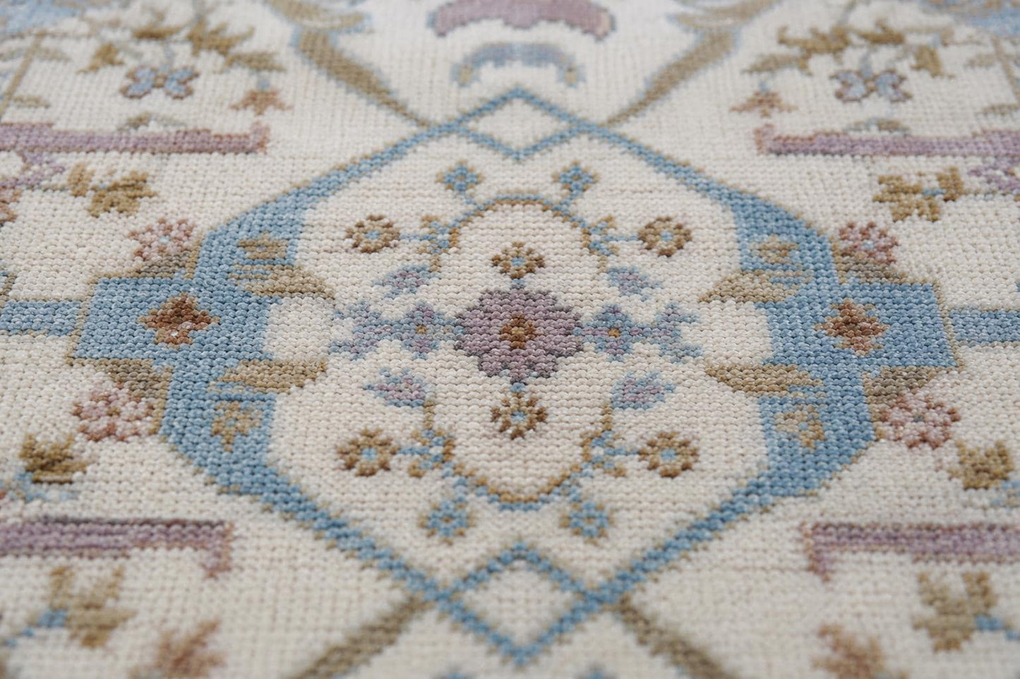 Hand-Knotted Oushak Area Rug | Cream, Light Blue, and Taupe Geometric Pattern | ModernWeavers Wool Carpet for Living Room or Bedroom