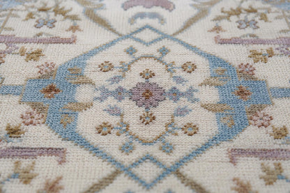 Hand-Knotted Oushak Area Rug | Cream, Light Blue, and Taupe Geometric Pattern | ModernWeavers Wool Carpet for Living Room or Bedroom