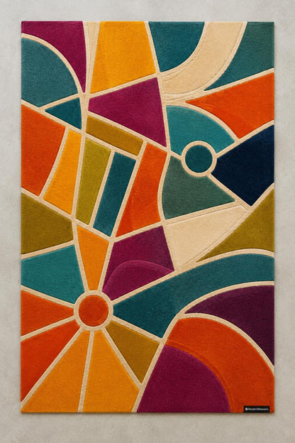 Cubist Abstract Geometric Area Rug | Hand-Tufted Stained-Glass Design | Bold Teal, Orange & Magenta Art Deco Accent Artisan Carved Carpet