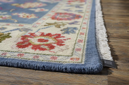8x10 Hand Knotted Oushak Rug | Dusty Blue and Ivory Floral Wool Area Rug | Pastel Botanical Palmettes | Artisanal Carpet by ModernWeavers