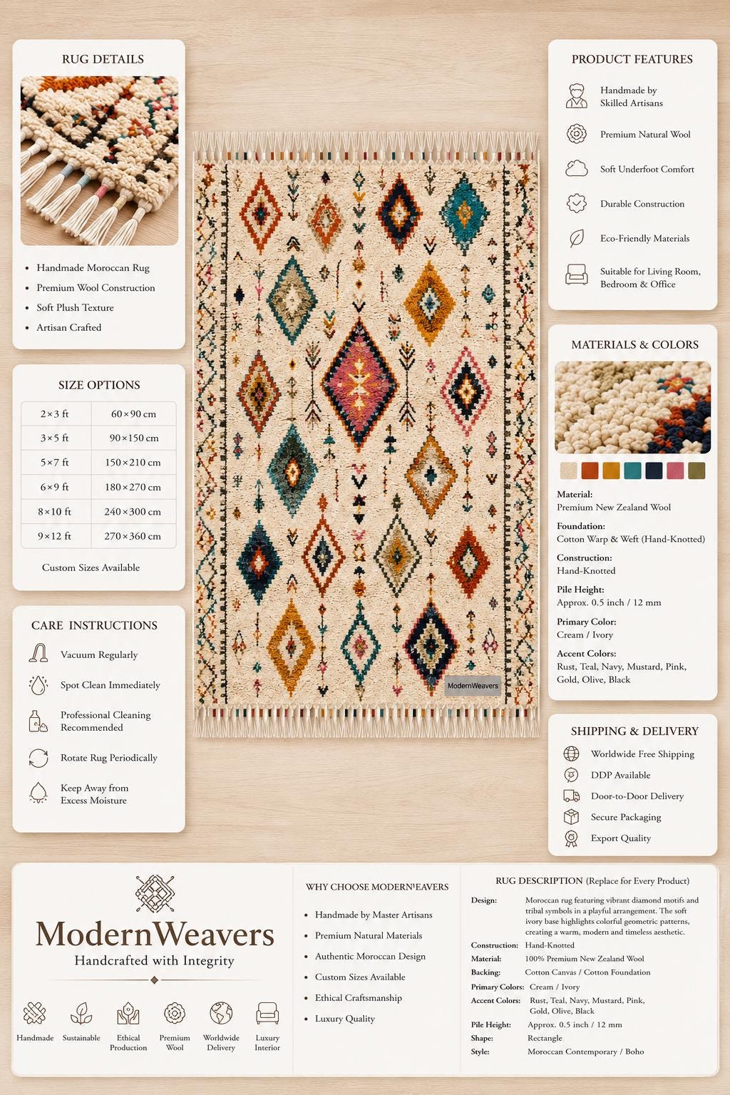Hand-Knotted Moroccan Rug | Colorful Berber Shag Area Rug, Geometric Tribal Style