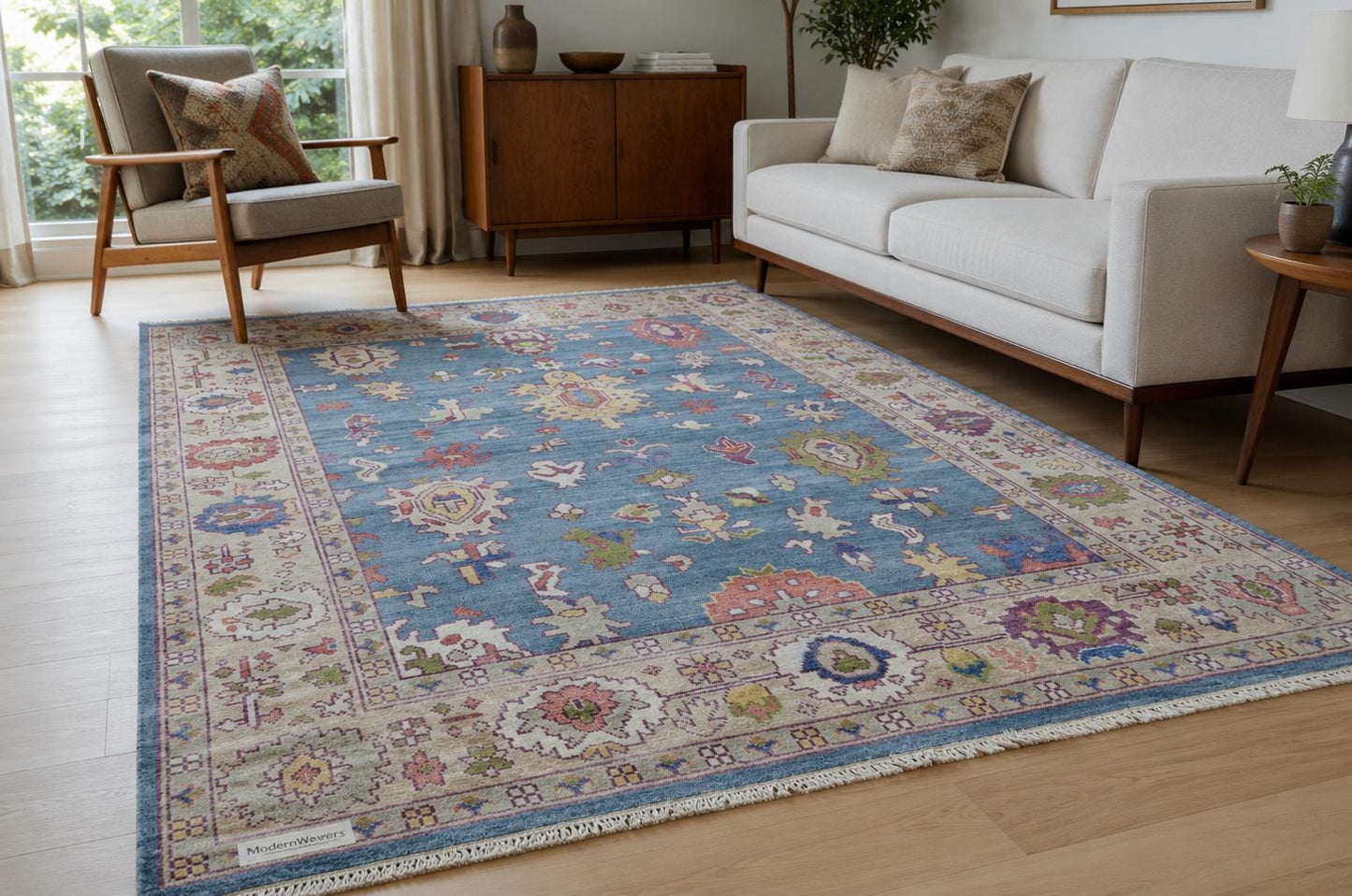 Blue Hand Knotted Rug 8x10, Transitional Turkish Style Area Rug with Pastel Motifs, Pastel Blue and Cream Aesthetic Bedroom Rug