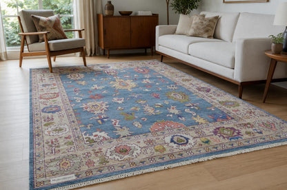 Blue Hand Knotted Rug 8x10, Transitional Turkish Style Area Rug with Pastel Motifs, Pastel Blue and Cream Aesthetic Bedroom Rug