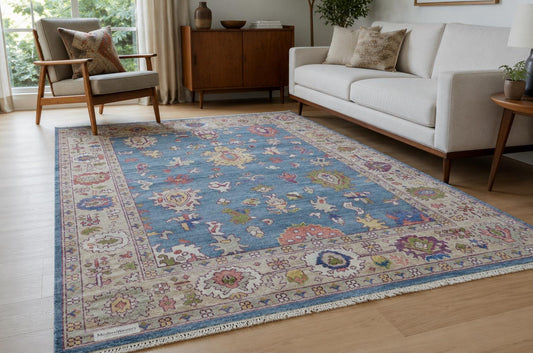Blue Hand Knotted Rug 8x10, Transitional Turkish Style Area Rug with Pastel Motifs, Pastel Blue and Cream Aesthetic Bedroom Rug