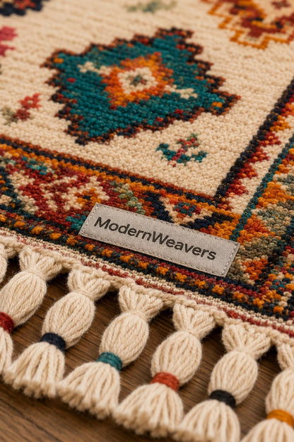 Hand Knotted Moroccan Rug | Colorful Geometric Boho Area Carpet, Jewel Tone Motifs
