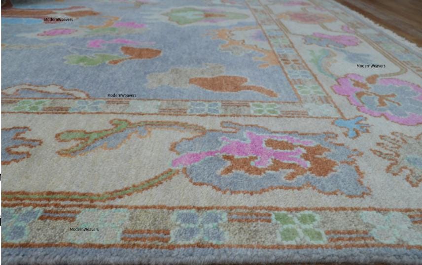 Hand-Knotted Wool Oriental Floral Rug – Soft Blue Pastel Accents, 8x10 Area Carpet
