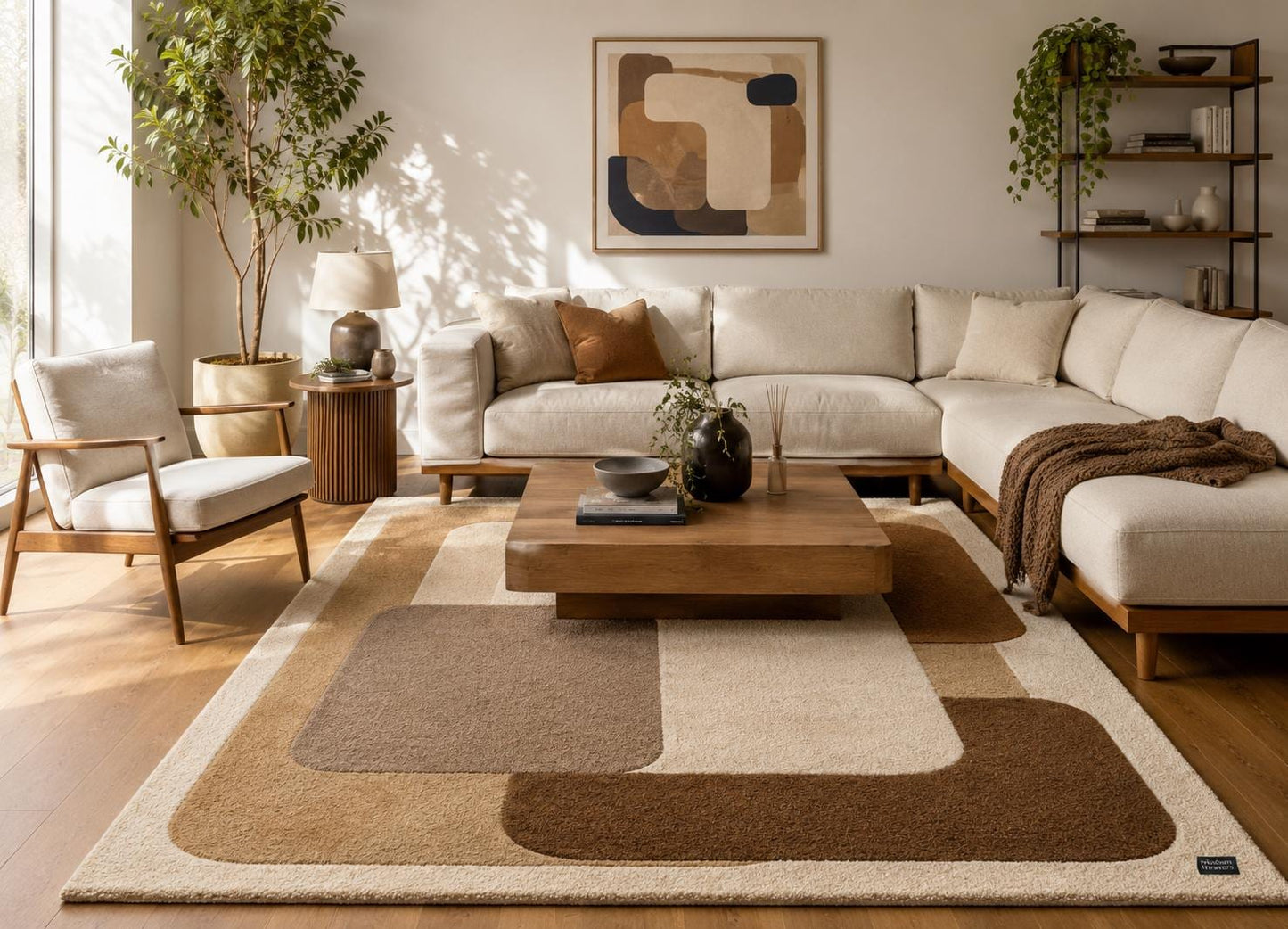 Mid Century Modern Area Rug | Geometric Hand Tufted Rug | Abstract Earth Tone Carpet | Brown and Beige Color Block Retro Room Decor