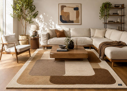 Mid Century Modern Area Rug | Geometric Hand Tufted Rug | Abstract Earth Tone Carpet | Brown and Beige Color Block Retro Room Decor