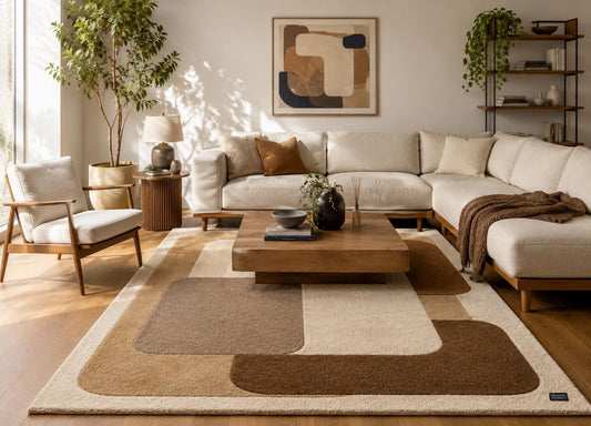 Mid Century Modern Area Rug | Geometric Hand Tufted Rug | Abstract Earth Tone Carpet | Brown and Beige Color Block Retro Room Decor