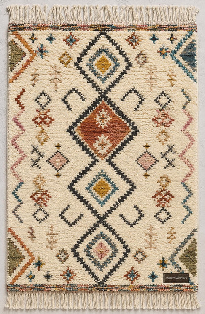 Boho Moroccan Geometric Area Rug | Plush Cream & Colorful Diamond Area Rug | Handwoven Shag Carpet by ModernWeavers | Custom Sizes