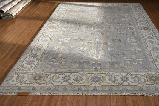 9x12 Hand Knotted Wool Area Rug | Pastel Blue, Lavender & Tan Oushak Design | Large Bedroom or Dining Room Carpet