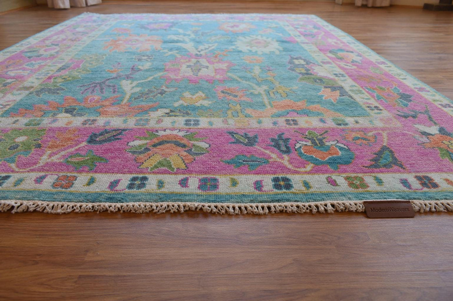 Hand Knotted Oushak Rug | Light Blue & Vibrant Pink Floral Area Rug | Wool Turkish Design Carpet | Pastel Boho Rug for Living Room