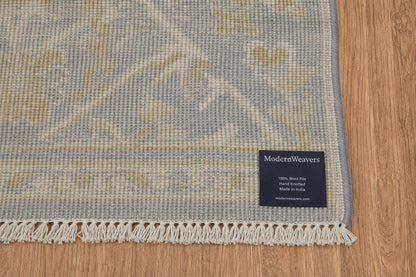 Hand Knotted Wool Area Rug | Muted Blue Beige Gold Oushak Style Traditional 8x10