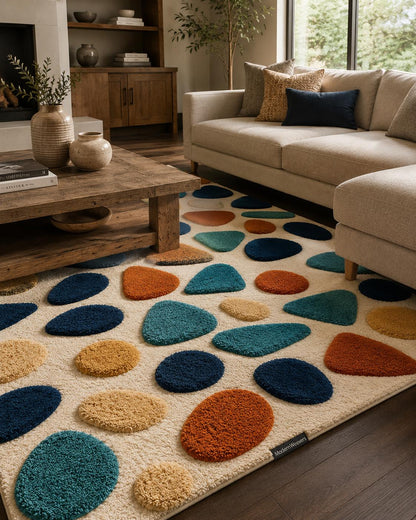 Playful Abstract Stone Pattern Rug | Modern Artisan Tufted Area Carpet | Colorful Minimalist Living Room Accent