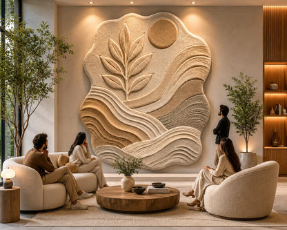 Botanical Landscape Hand Tufted Rug | Neutral Boho Wavy Area Rug | 3D Textured Leaf & Sun Carpet | Earth Tone Abstract Room Decor