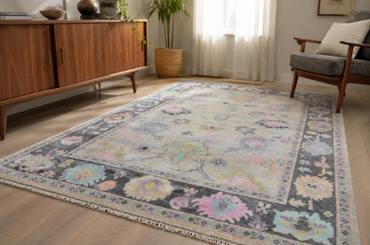 Hand-Knotted Pastel Floral Area Rug | Transitional Oushak Style Carpet | Ivory, Slate Grey, Pink & Blue Wool Rug for Living Room