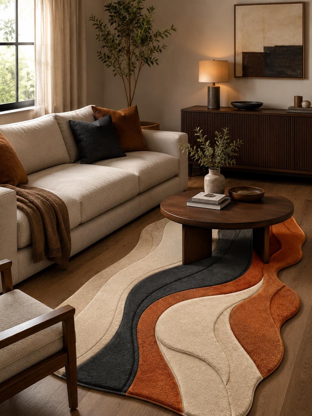 Abstract Wavy Hand Tufted Rug | Organic 3D Textured Area Rug | Terracotta & Charcoal Boho Decor | Mid Century Modern Irregular Carpet
