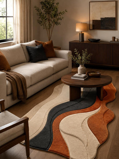 Abstract Wavy Hand Tufted Rug | Organic 3D Textured Area Rug | Terracotta & Charcoal Boho Decor | Mid Century Modern Irregular Carpet