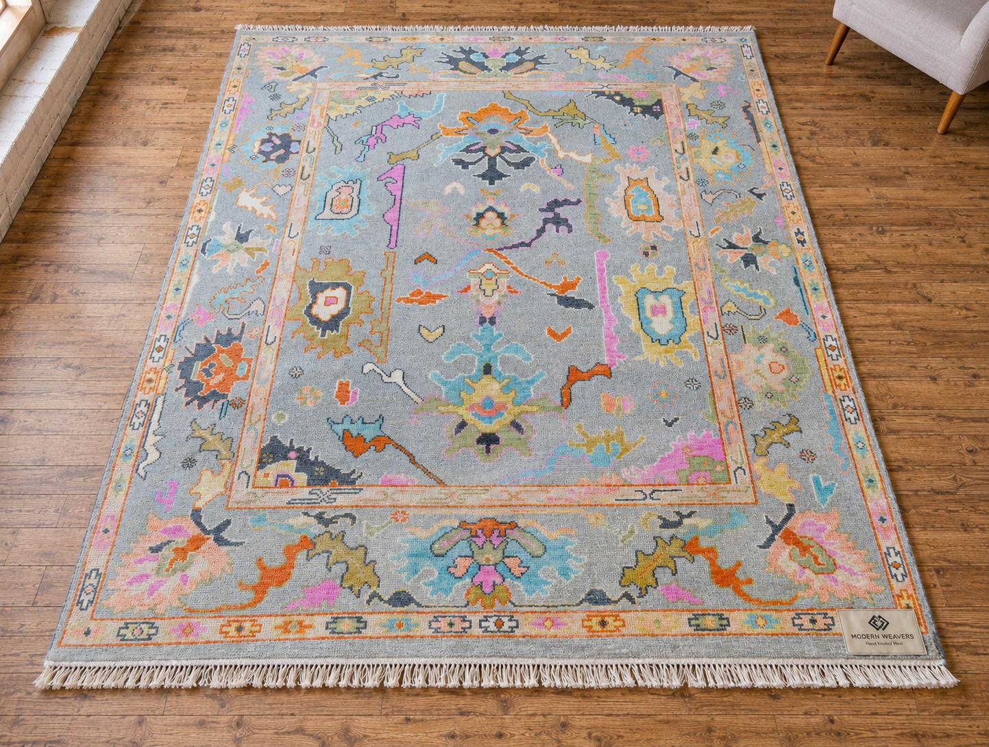 Stunning Light Blue & Vibrant Multicolor Hand-Knotted Rug | Boho Chic Geometric Floral Area Rug | Transitional Modern Oushak Style Carpet