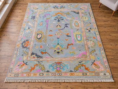 Stunning Light Blue & Vibrant Multicolor Hand-Knotted Rug | Boho Chic Geometric Floral Area Rug | Transitional Modern Oushak Style Carpet
